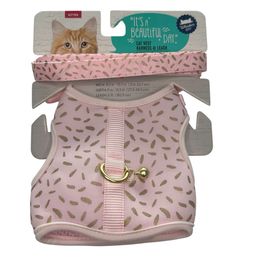 Whisker City Pink & Gold Cat Leash & Harness Combo Size Small for a Kitten